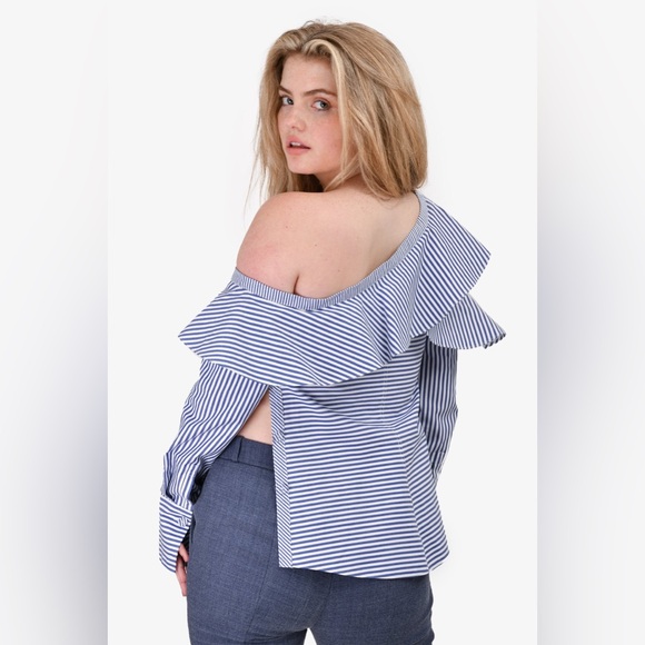 SELF-PORTRAIT BLUE/WHITE STRIPPED RUFFLE COLD SHOULDER BLOUSE - Picture 10 of 10